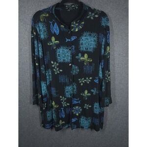 Vtg Vikki Vi Womens 2X Slinky Knit Blouse Black Fish Print Button Front 90s Y2K‎